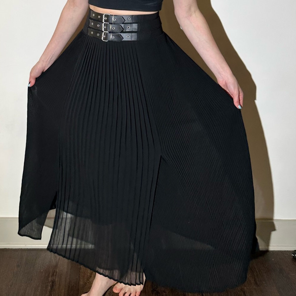 Black pleated The Kooples skirt with leather belts.